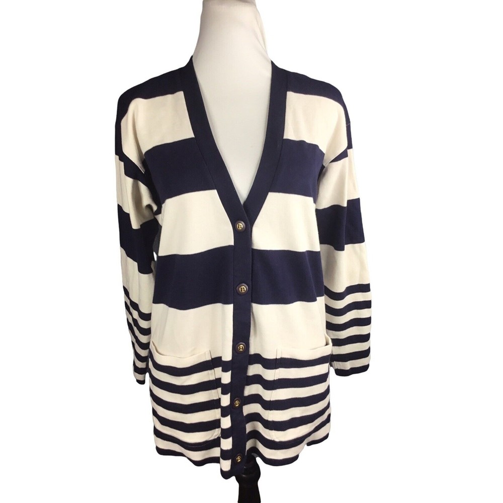 TALBOTS Cardigan Sweater Sz S Navy Blue/Ivory Striped Open Front buttons